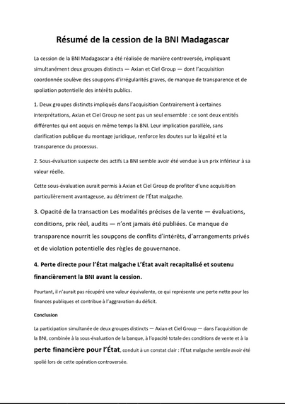 [fr] Copie d’écran d’un « Résumé de la cession de la BNI Madagascar » généré par ChatGPT
